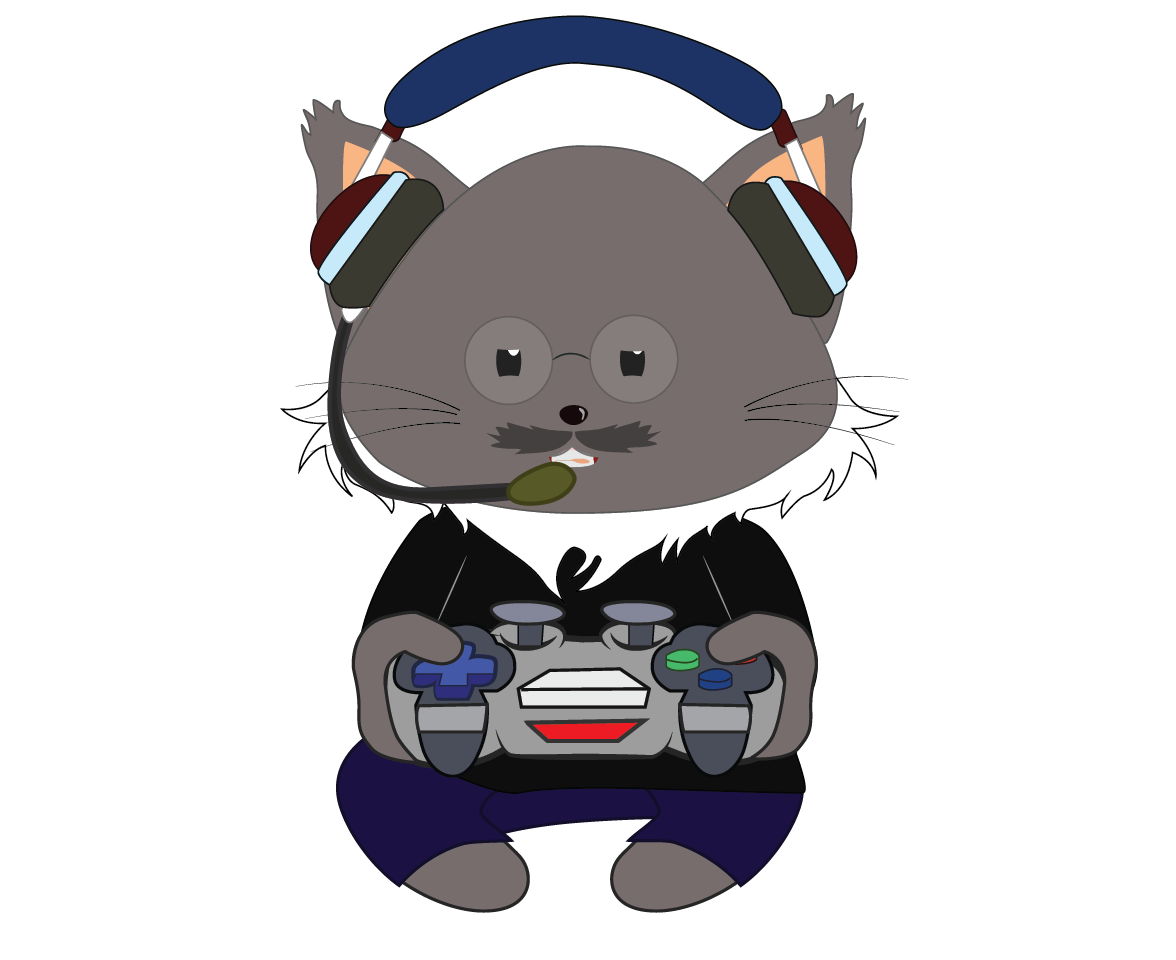 Illustration of Professor Max in a gamer outfit, showcasing one of the mascot’s playful personalities designed for MEA’s educational platform.